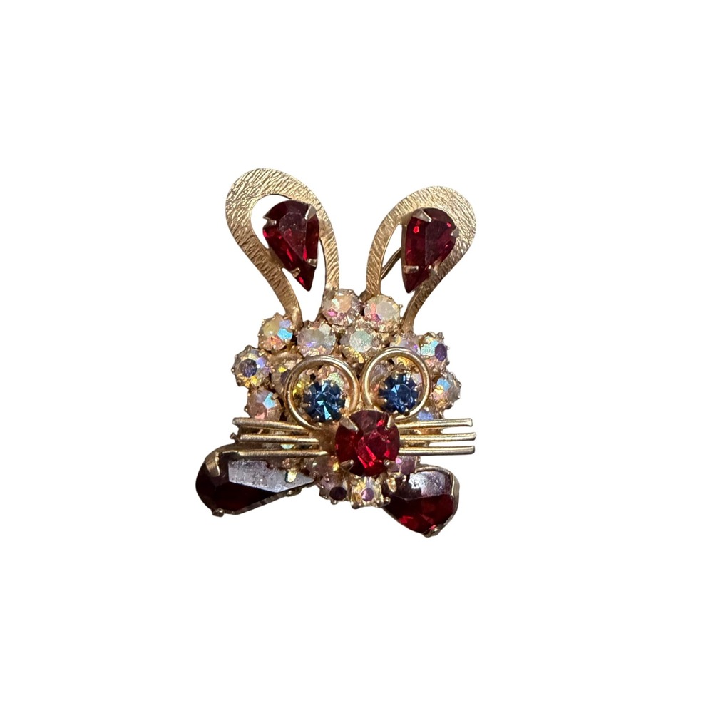 Vintage Weiss Bunny Rabbit Brooch Rhinestone Aurora Borealis Figural Pin Goldton